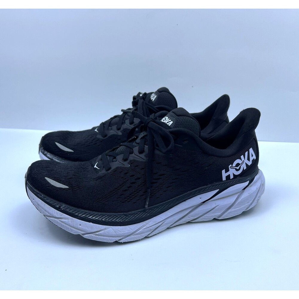 Hoka Clifton 8 Running Shoes Black White Lace Up Men's Size 8 Wide
